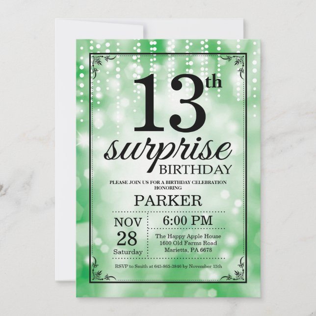 Surprise 13th Birthday Invitation Green Glitter (Front)