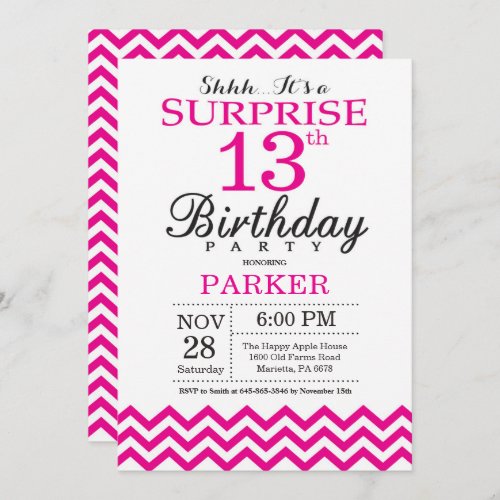 Surprise 13th Birthday Invitation Hot Pink Chevron