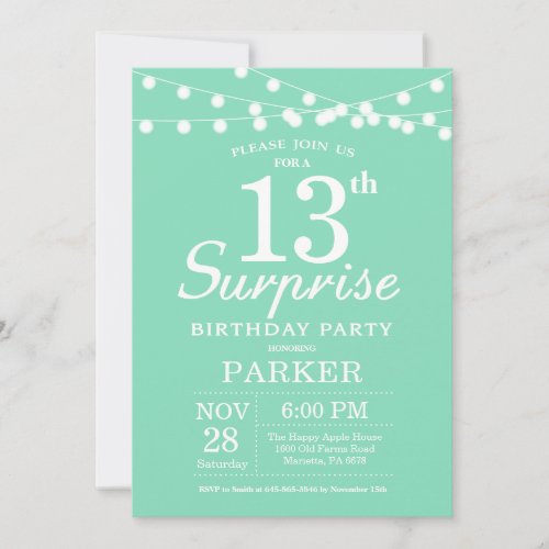 Surprise 13th Birthday Invitation Mint Green