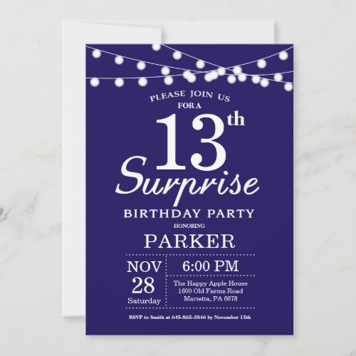 Surprise 13th Birthday Invitation Navy Blue