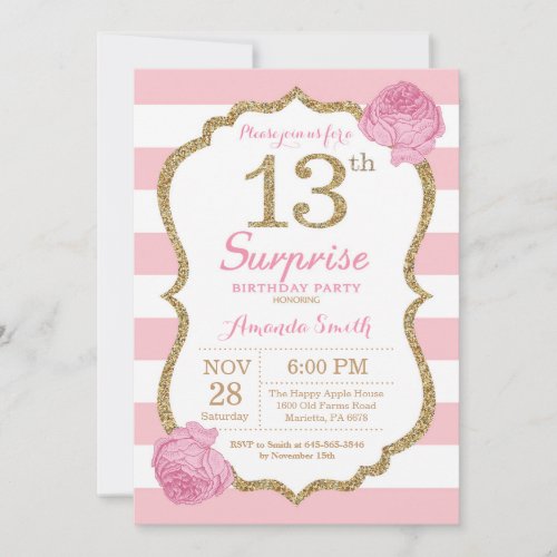 Surprise 13th Birthday Invitation Pink and Gold