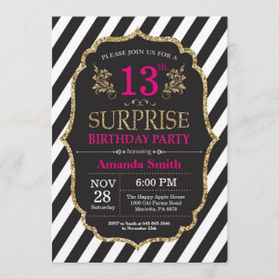 Surprise 13th Birthday Invitation Pink Black Gold