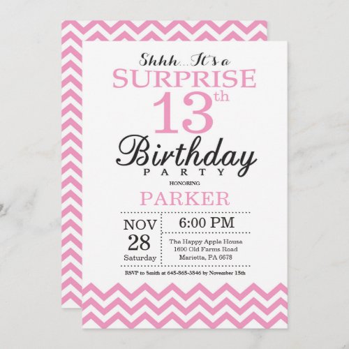Surprise 13th Birthday Invitation Pink Chevron