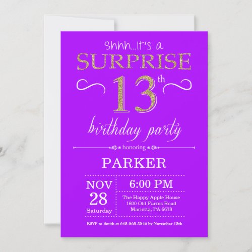Surprise 13th Birthday Invitation Purple and Gold