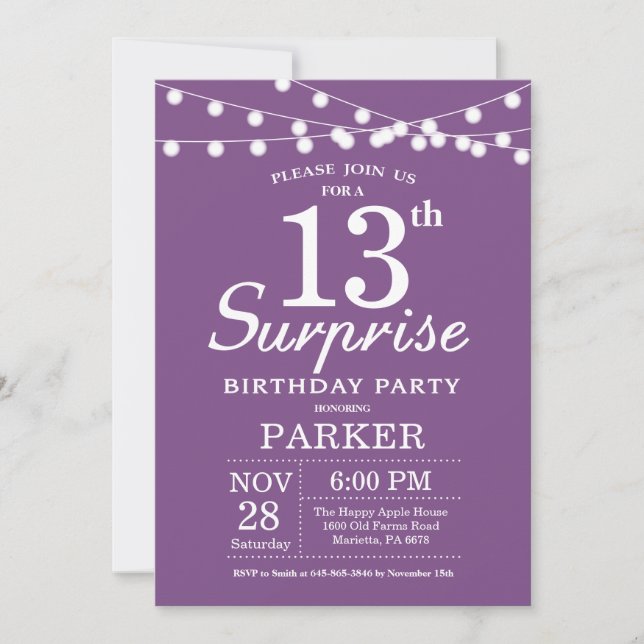 Surprise 13th Birthday Invitation Purple Lavender (Front)