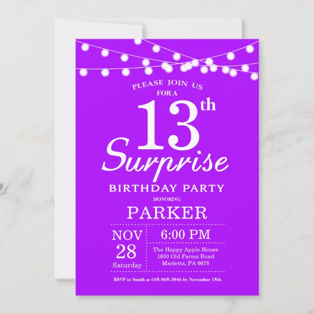 Surprise 13th Birthday Invitation Purple Lavender (Front)