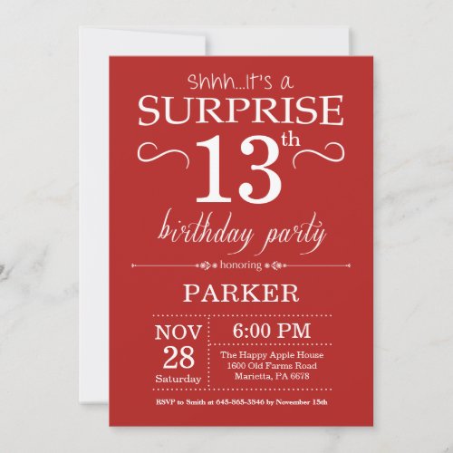 Surprise 13th Birthday Invitation Red