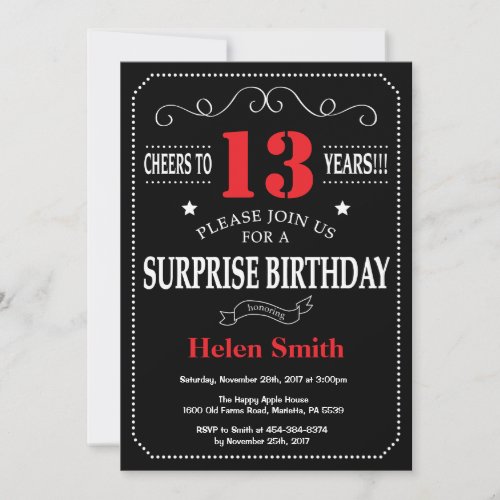 Surprise 13th Birthday Invitation Red and Black