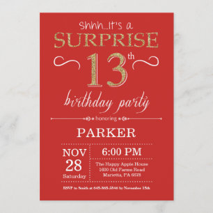 Surprise 13th Birthday Invitation Red and Gold