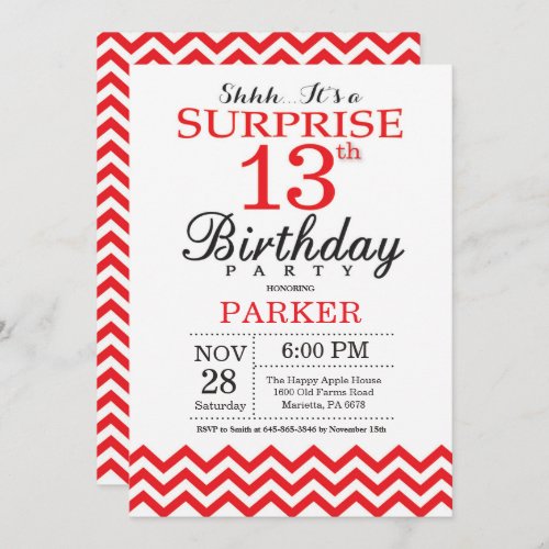 Surprise 13th Birthday Invitation Red Chevron