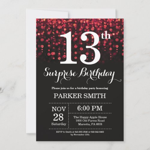 Surprise 13th Birthday Invitation Red Glitter