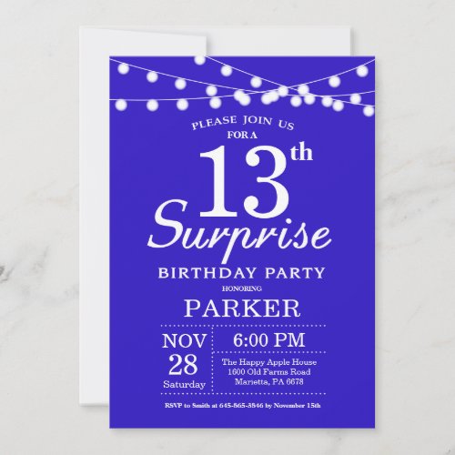 Surprise 13th Birthday Invitation Royal Blue