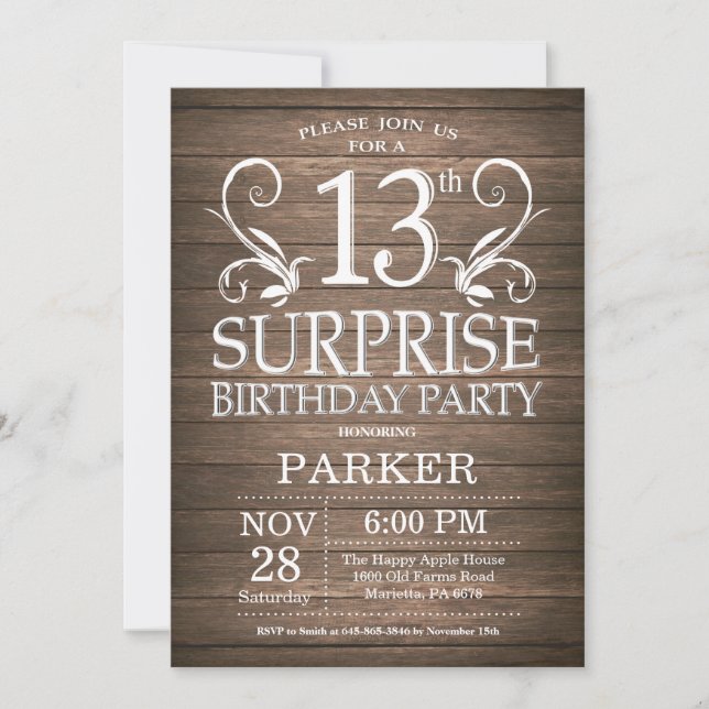 Surprise 13th Birthday Invitation Rustic Wood (Front)