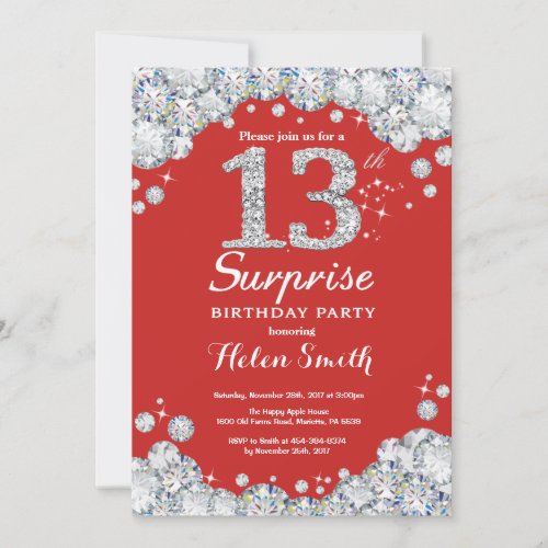 Surprise 13th Birthday Invitation Silver Diamond