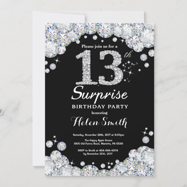 Surprise 13th Birthday Invitation Silver Diamond (Front)