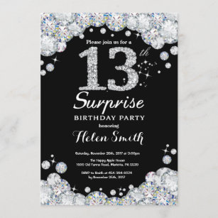 Surprise 13th Birthday Invitation Silver Diamond