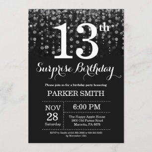 Surprise 13th Birthday Invitation Silver Glitter