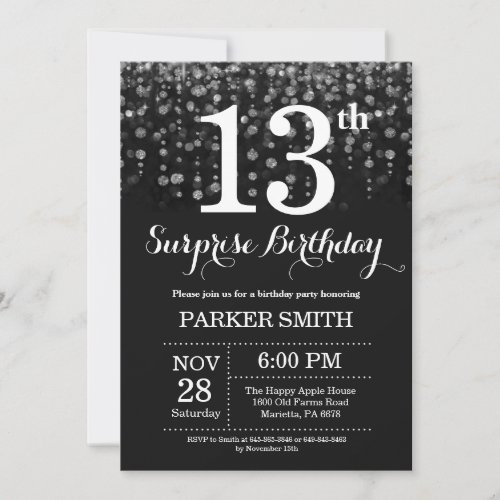 Surprise 13th Birthday Invitation Silver Glitter