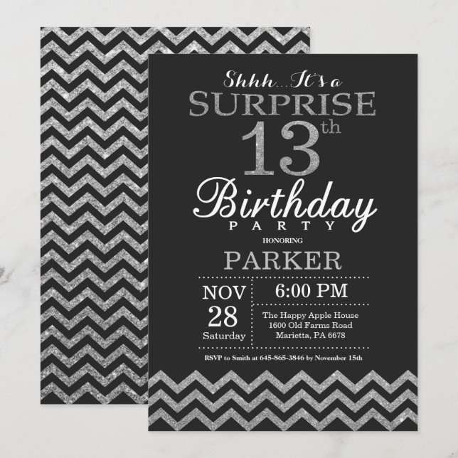 Surprise 13th Birthday Invitation Silver Glitter (Front/Back)