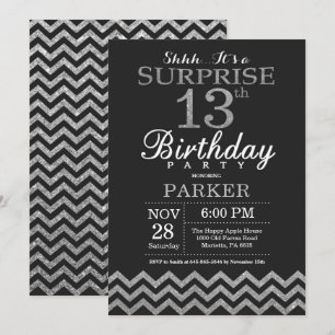 Surprise 13th Birthday Invitation Silver Glitter