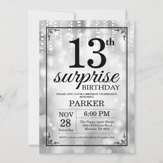Surprise 13th Birthday Invitation Silver Glitter (Front)
