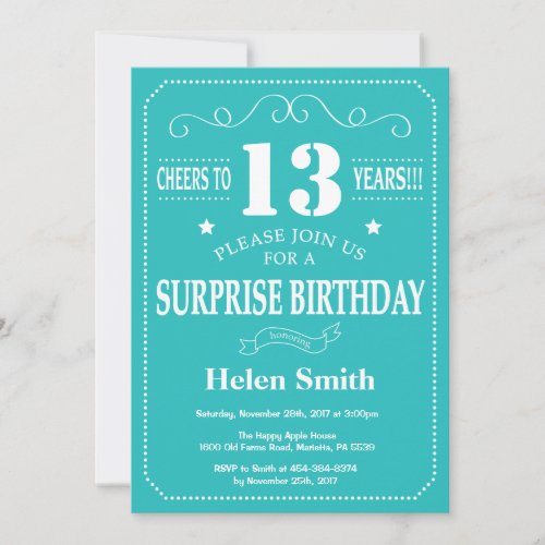 Surprise 13th Birthday Invitation Teal and White