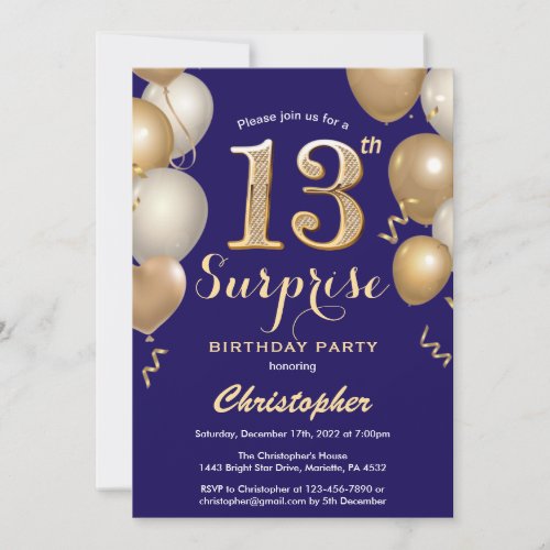 Surprise 13th Birthday Navy Blue and Gold Balloons Invitation