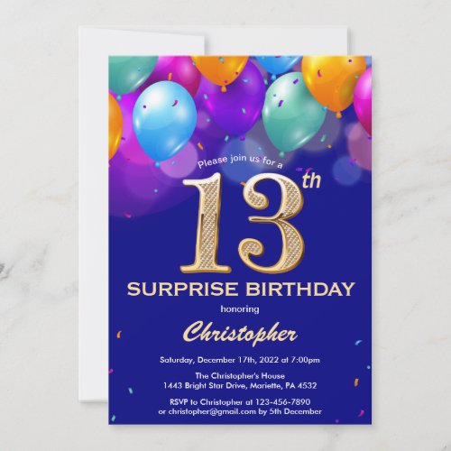 Surprise 13th Birthday Navy Blue and Gold Balloons Invitation