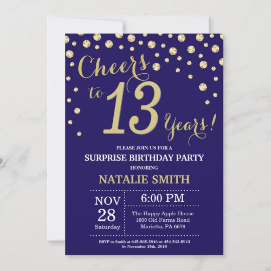 Surprise 13th Birthday Navy Blue and Gold Diamond Invitation | Zazzle.com