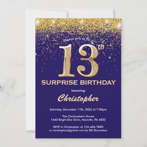 Surprise 13th Birthday Navy Blue and Gold Glitter Invitation