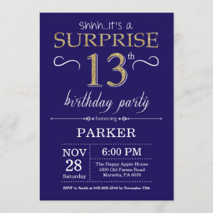 Surprise 13th Birthday Navy Blue and Gold Glitter Invitation