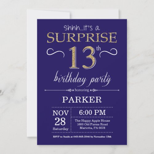 Surprise 13th Birthday Navy Blue and Gold Glitter Invitation