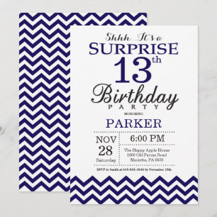 Surprise 13th Birthday Navy Blue Chevron Invitation