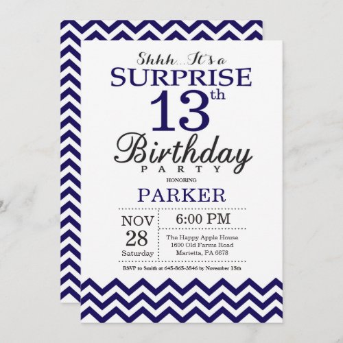 Surprise 13th Birthday Navy Blue Chevron Invitation