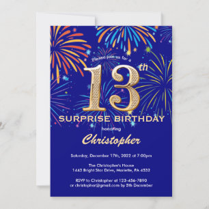 Surprise 13th Birthday Navy Blue & Gold Firework Invitation