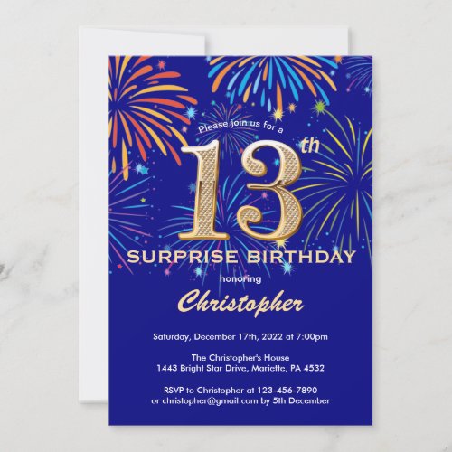 Surprise 13th Birthday Navy Blue  Gold Firework Invitation