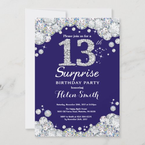 Surprise 13th Birthday Navy Blue Silver Diamond Invitation
