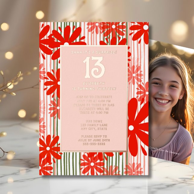 Surprise 13th Birthday Party Blooming Floral Fun  Foil Invitation (Creator Uploaded)