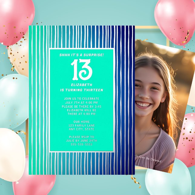 Surprise 13th Birthday Party Bright Blue Girly Foil Invitation (Creator Uploaded)