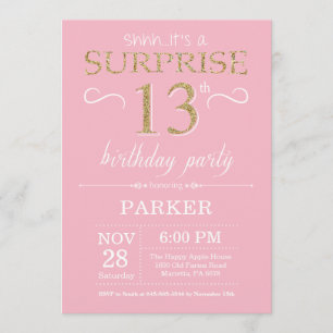 Surprise 13th Birthday Pink and Gold Glitter Invitation