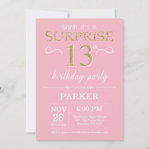 Surprise 13th Birthday Pink and Gold Glitter Invitation