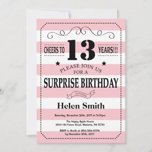 Surprise 13th Birthday Pink and White Stripes Invitation