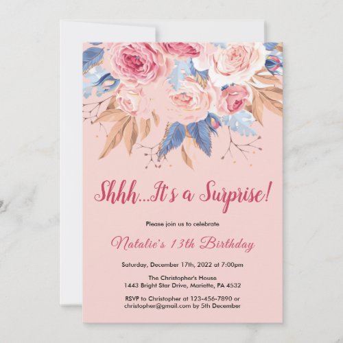 Surprise 13th Birthday Pink Botanical Floral Invitation
