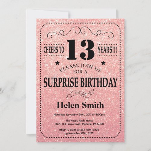 Surprise 13th Birthday Pink Rose Gold Glitter Invitation