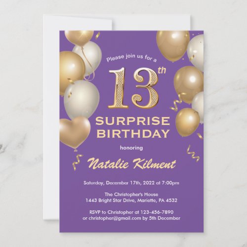 Surprise 13th Birthday Purple and Gold Balloons Invitation