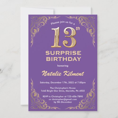 Surprise 13th Birthday Purple and Gold Glitter Invitation