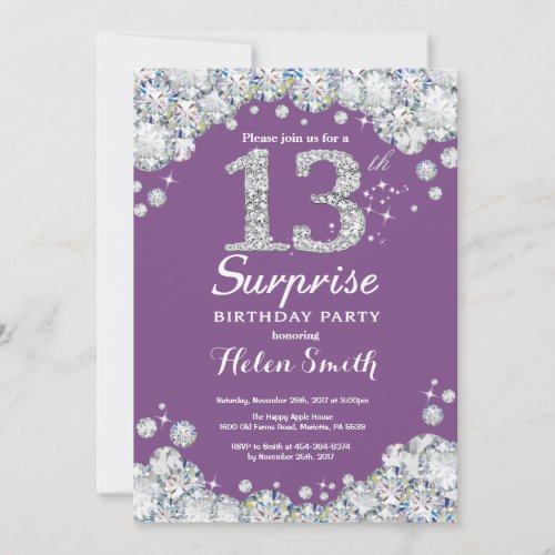 Surprise 13th Birthday Purple and Silver Diamond Invitation