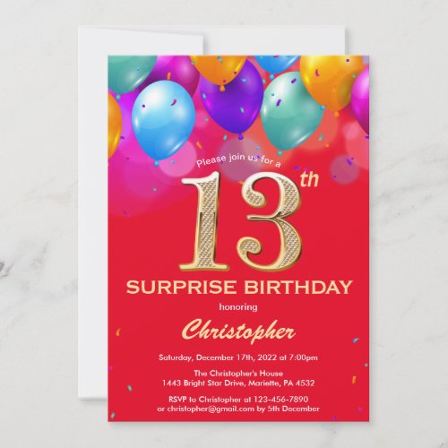 Surprise 13th Birthday Red and Gold Balloons Invitation