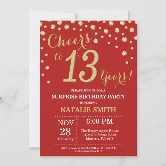 Surprise 13th Birthday Red and Gold Diamond Invitation (Front)