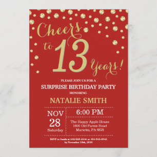 Surprise 13th Birthday Red and Gold Diamond Invitation